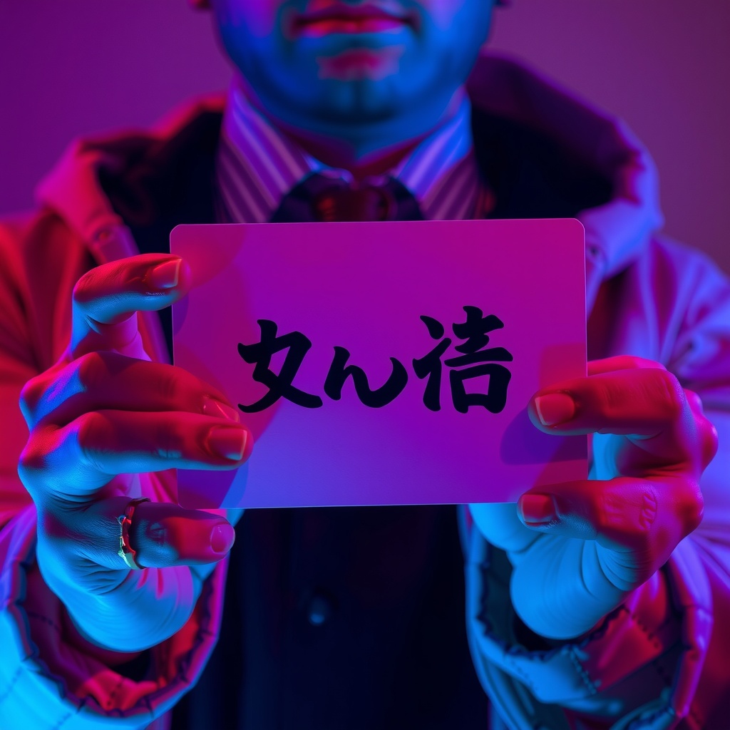 A person holding a card with Japanese characters under vibrant neon lighting.