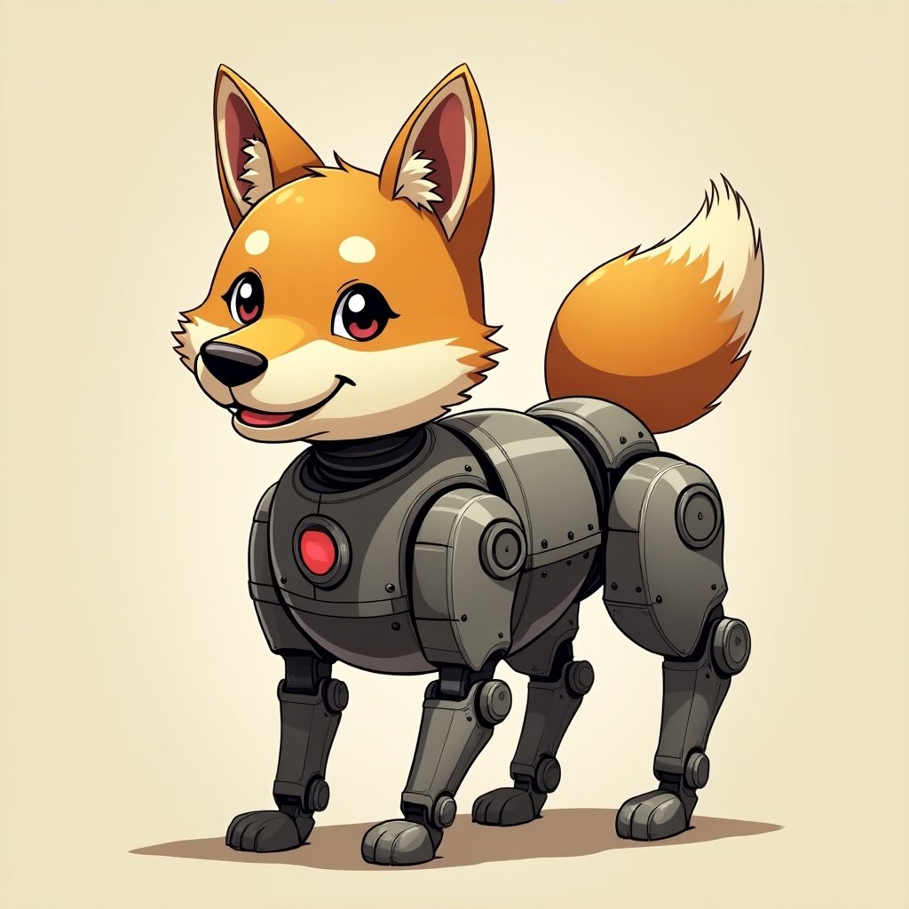 Cartoon depiction of a shiba inu dog designed as a robot. Features metallic body parts in gray and orange colors with a playful expression.