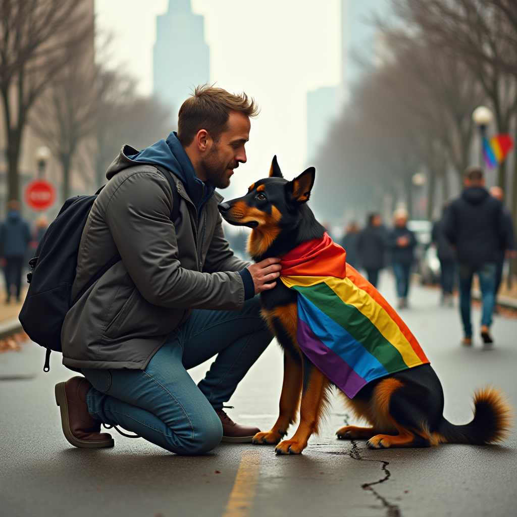 A person kneels to pet a dog wearing a rainbow pride cape on a bustling city street.