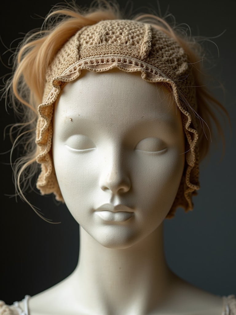 Close-up shot of a wig on a canvas mannequin head. Wig shows signs of wear with a tear along the lace. Thinning hair is visible and there is a small bald spot that needs repair. The mannequin head has a neutral expression.