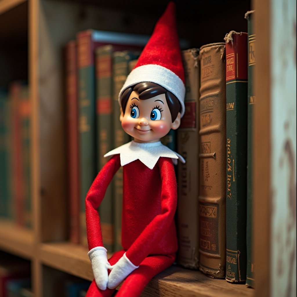 This image features a playful Elf on the Shelf doll, dressed in a red costume with a pointed hat and white gloves, sitting on a wooden shelf. The background reveals a collection of colorful books lightly blurred, adding a cozy atmosphere to the scene. The elf's cheerful smile and bright eyes create a sense of whimsy and holiday spirit. Soft, warm lighting illuminates the elf and hints at the festive season. This image perfectly captures the essence of Christmas traditions and the magic associated with the Elf on the Shelf.