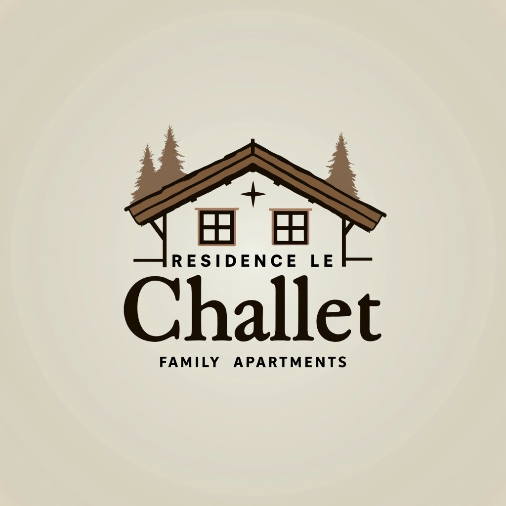 Create a logo for a residence named 'Residence Le Chalet' located in Antagnod, Val d'Ayas. The design should reflect the simplicity and elegance of family apartments inspired by Alpine and Aosta Valley traditions. Incorporate a stylized chalet graphic with earthy colors and natural elements, such as trees in the background. The slogan 'Family Apartments' should be clearly integrated into the logo. Aim for a modern and clean aesthetic that appeals to families seeking a serene and beautiful setting.