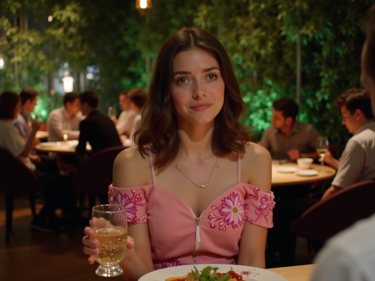 In a stylish restaurant, a young woman is sitting at a table. She wears a beautiful pink off-the-shoulder top adorned with floral embroidery. In her hand, she holds a glass of sparkling beverage. The background of the image features lush greenery and dim lighting, creating a warm atmosphere. Several other patrons can be seen enjoying their meals in the background, adding to the lively ambiance of the place.