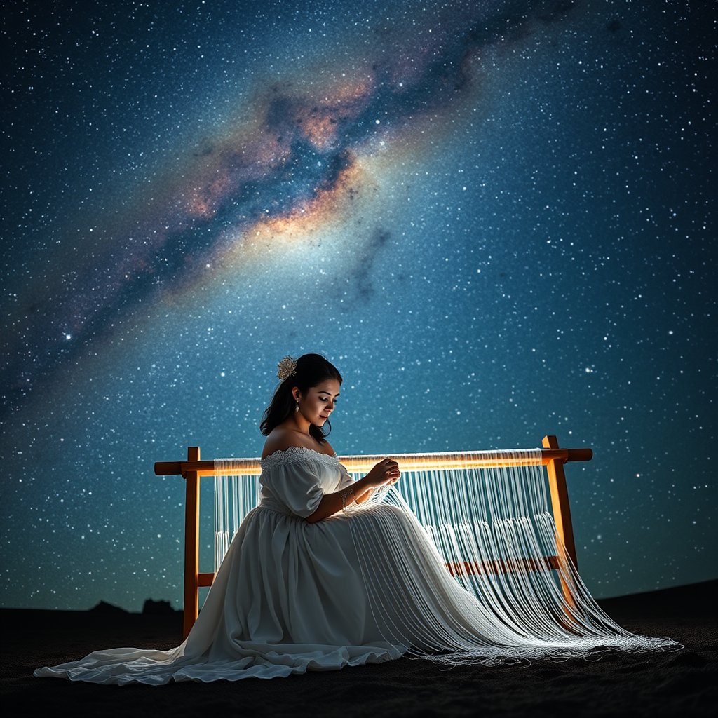 A woman in a white dress weaves with threads under a starry night sky.