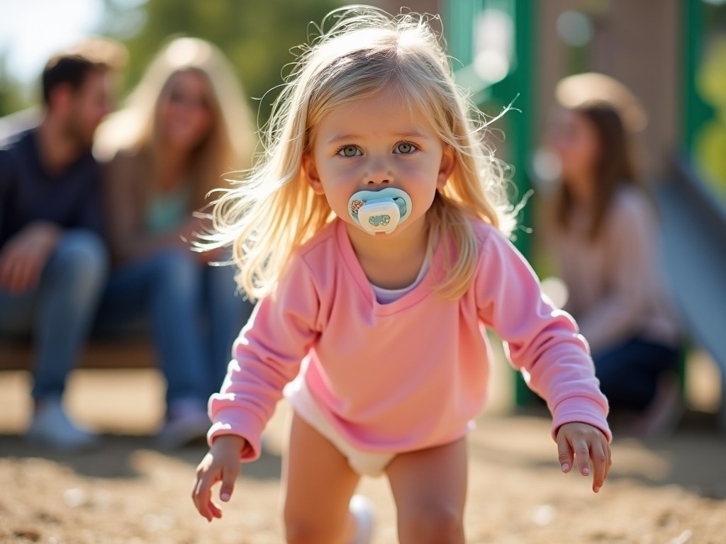 This image features a seven-year-old girl with long blonde hair and emerald green eyes. She's wearing a diaper beneath a long-sleeve pink t-shirt while crawling at a playground. The child has a pacifier in her mouth, adding to her innocent appearance. In the background, her parents can be seen, creating a warm family atmosphere. The playground setting is sunny, enhancing the playful mood of the scene. This photograph captures a candid moment of childhood exploration and play.