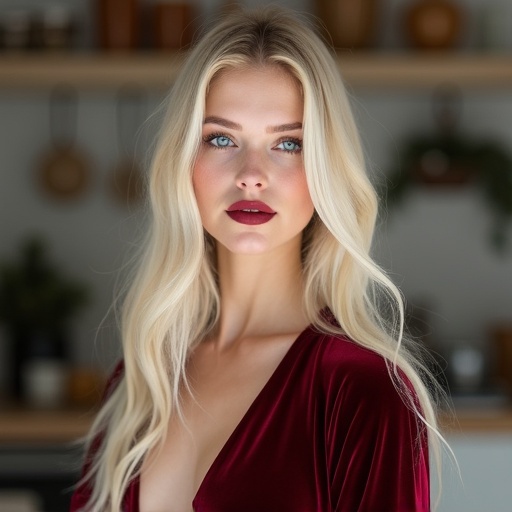 A young Scandinavian model with very pale skin and long shiny creamy blonde hair wears a burgundy velvet Christmas dress. The model has stunning natural makeup and is elegantly posed in a modern kitchen.