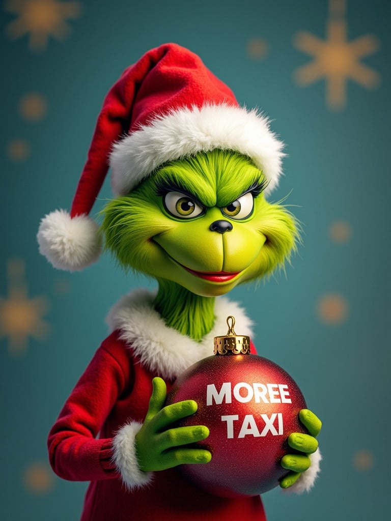 Christmas-themed Grinch character. Green character wearing Santa hat. Holding a festive bauble. Text printed on bauble reads 'Acorn taxis'.