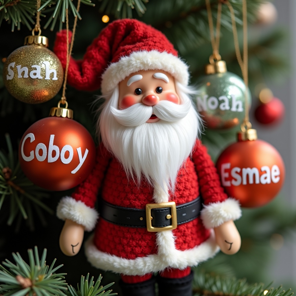 The image depicts a charming Father Christmas figure, dressed in a classic red suit with white fur trim, adding a whimsical touch to a festive holiday scene. Surrounding him are beautifully decorated baubles, each labeled with names like Coby, Noah, and Esmae. The warm and soft lighting creates a cozy atmosphere, perfect for the holiday season. The colors are vibrant, with reds, greens, and golds that evoke a sense of joy and celebration. This image captures the magic of Christmas, making it ideal for various holiday-themed uses.