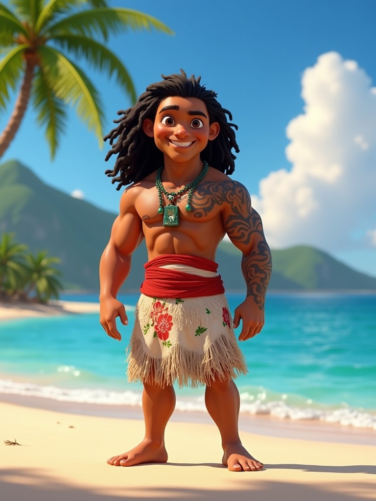 Animated character on a tropical beach wearing a grass skirt and tribal necklace. The character has Polynesian features with strong physique standing confidently. Palm trees and mountains enhance the scene's tropical feel.