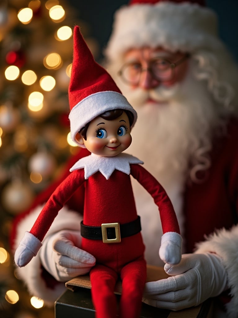 Stuffed elf on the shelf placed on Santa's lap surrounded by festive holiday decorations. The elf has a red outfit and white collar. Background has Christmas lights creating a warm ambiance. Santa is wearing traditional red and white attire with a fluffy beard. Focus on the elf in a cozy Christmas scene.