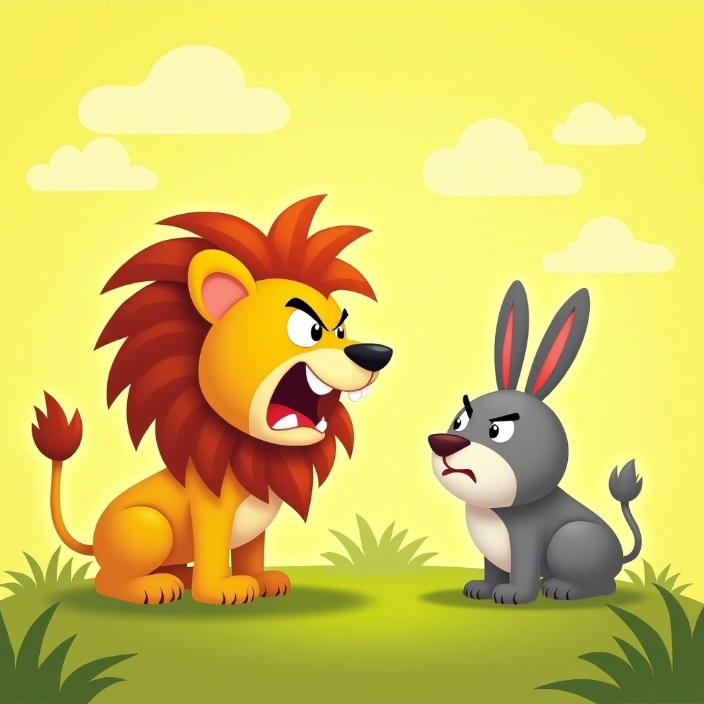 Cartoon lion with fierce expression stands on grassy field. Small gray rabbit in front appears intimidated. Lion has large fluffy mane. Bright yellow background creates happy atmosphere. Playful style aims at engaging children.