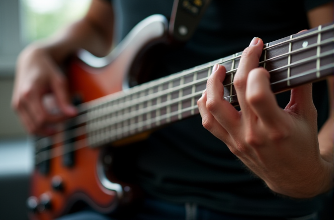 A person is playing a brown electric bass guitar with focus on their fingers.