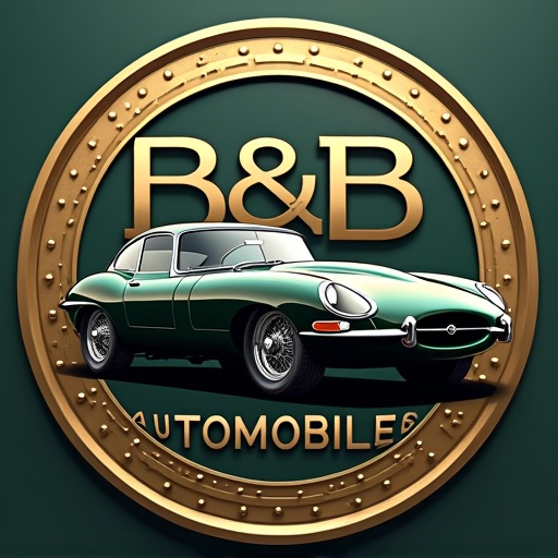 Modern luxurious logo for B&B Automobiles features chrome elements and a Jaguar E-Type. Two B letters are mirrored. The medal has a dark green to gold gradient. The car is depicted in a sporty and dynamic style.