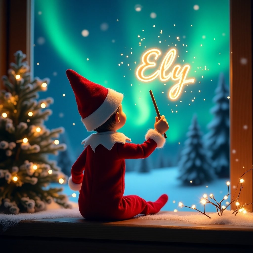 An enchanting Christmas scene with an elf facing the sky. Elf dressed in red and white with a magic wand. Writing 'Ely' in glowing script. Northern lights in the backdrop. A magical ambiance with a festive spirit.