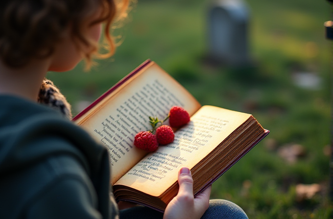 A person is holding an open book with raspberries placed on its pages, sitting in a sunlit outdoor setting.