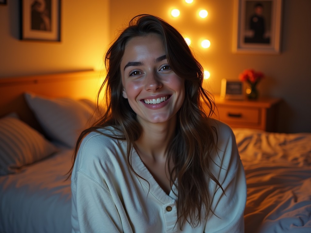 The image features a smiling woman sitting comfortably in a warmly lit bedroom. The soft, yellow glow from the lights on the wall behind her creates a cozy atmosphere. The room is tastefully decorated, with framed pictures visible in the background, adding to the personal and inviting setting.