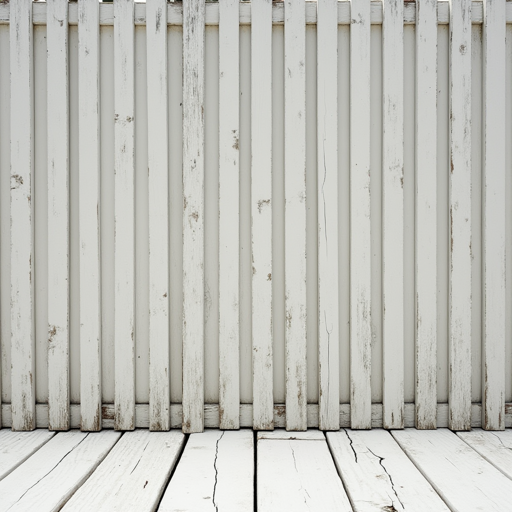 A weathered white wooden fence with cracked and aged paint.