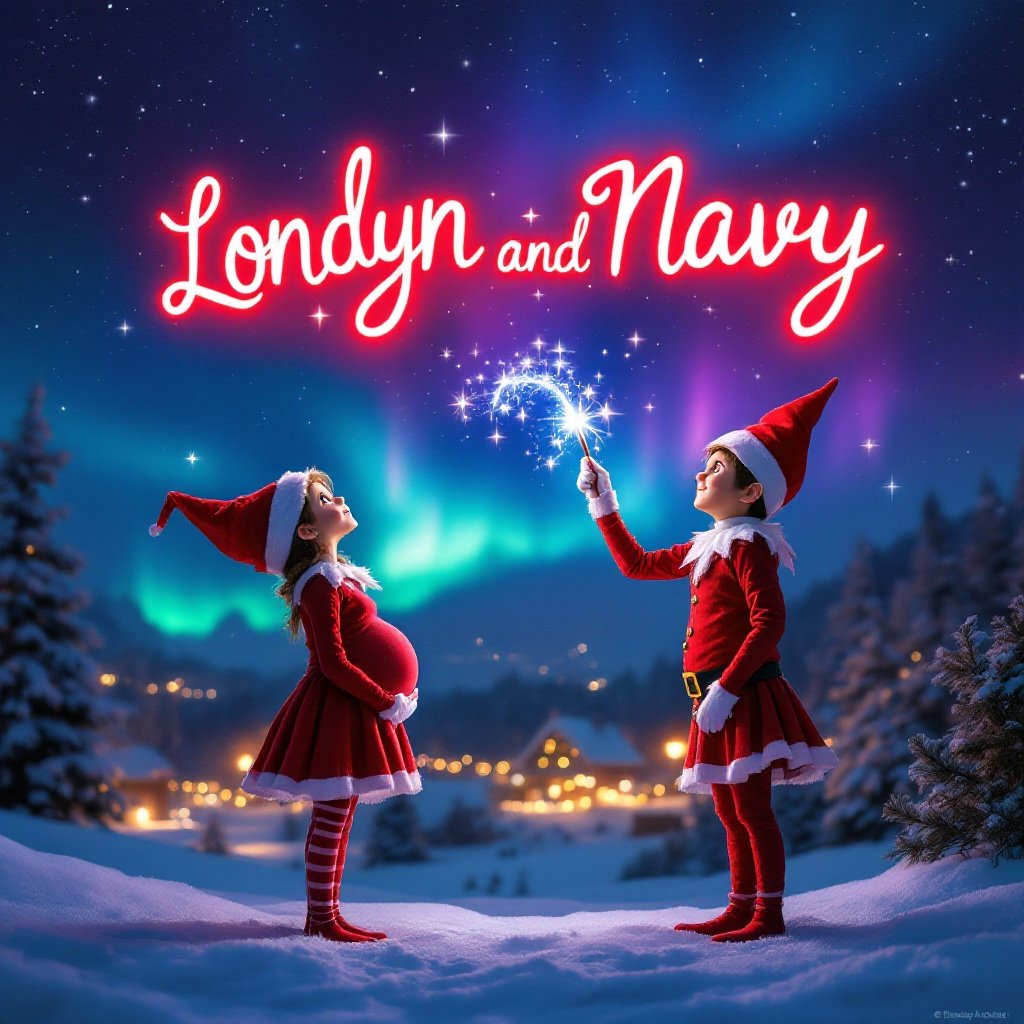 Enchanted Christmas setting featuring elves with a magical atmosphere. One elf has a pregnant belly and holds a wand writing in the sky. Northern lights illuminate the background creating a festive mood.