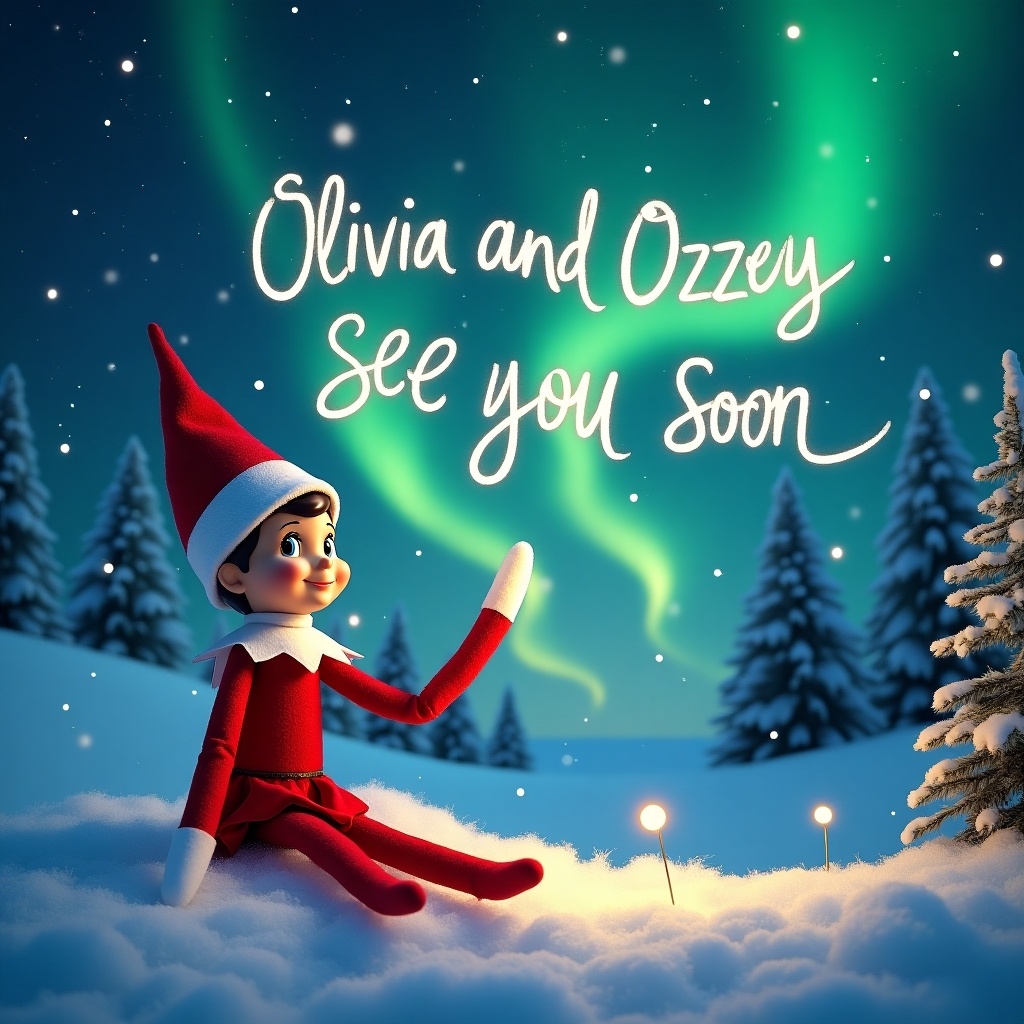 A charming scene featuring an elf character sitting in the snow, with a festive red outfit and a pointed hat. The elf waves cheerfully to the viewer. Above, the night sky is filled with colorful northern lights. The message 'Olivia and Ozzy See You Soon' is elegantly written among the lights. Surrounding the elf are soft snowflakes and evergreens, creating a magical winter atmosphere. The overall mood is cheerful and inviting, perfect for the holiday season.