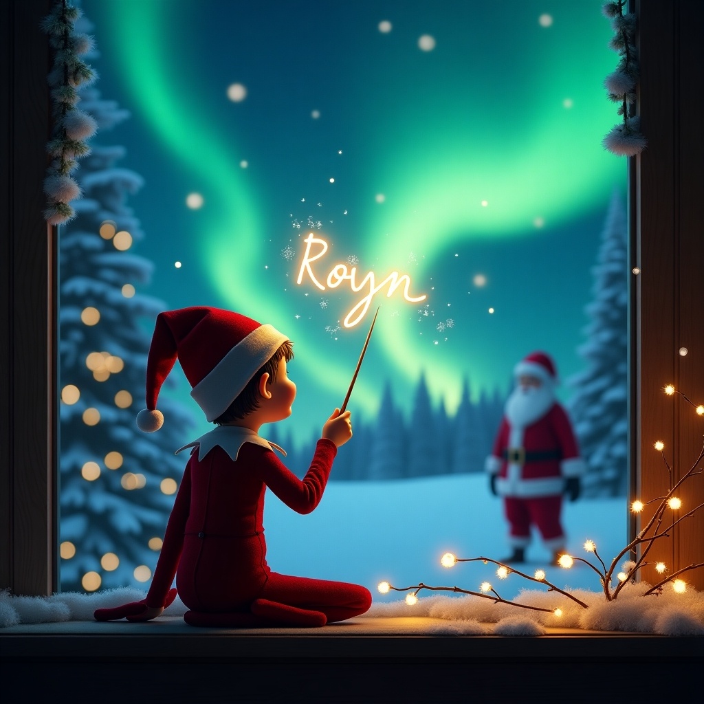 The image features an elf on the shelf with his back to the viewer, facing the night sky. He uses a wand to write 'Robyn' in a glowing script. The background is infused with the magical essence of Christmas, showcasing vibrant northern lights. In the distance, Santa Claus can be seen, adding to the festive atmosphere. The entire scene radiates joy and magic, perfect for the holiday season.