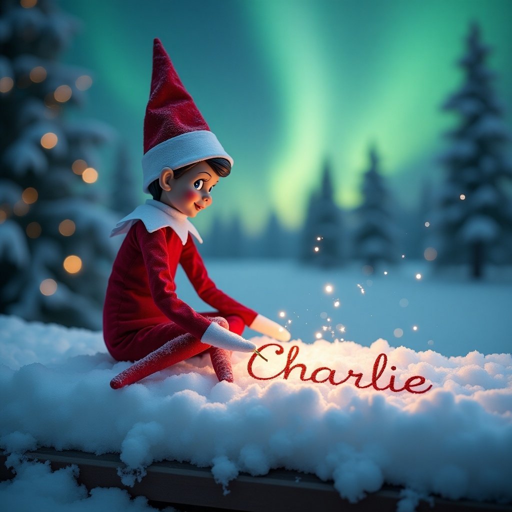 A whimsical scene featuring an elf on the shelf writing in the snow. The elf wears a red and white outfit. The elf focuses on creating the name 'Charlie' with a magical glow. The snowy backdrop enhances winter. Northern lights illuminate the scene. The name is artistically rendered in cursive, capturing the spirit of Christmas.