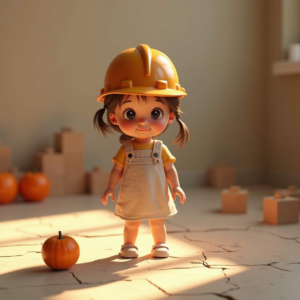 A cute child in a construction helmet, surrounded by toy blocks and pumpkins, stands joyfully in a sunlit room.