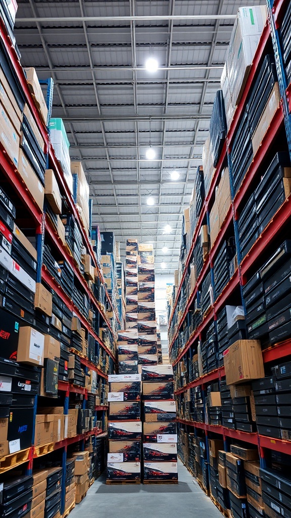 A tall stack of boxes reaching up to the high ceiling of a warehouse, flanked by rows of shelves filled with more boxes.