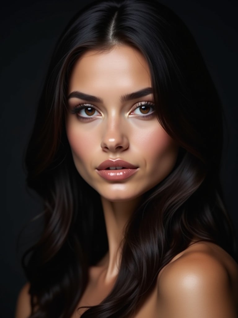 Portrait of a young beautiful woman with long dark hair and dark eyes in a close-up shot. She looks slightly to the left of the camera with a neutral expression. Her full makeup has glossy lips which enhance her appearance. Soft diffused lighting complements her glowing skin. The background is gray and dark, contrasting with her features. The focus is on her face with a slightly blurred background. This high-quality image embodies realism and aesthetic appeal.