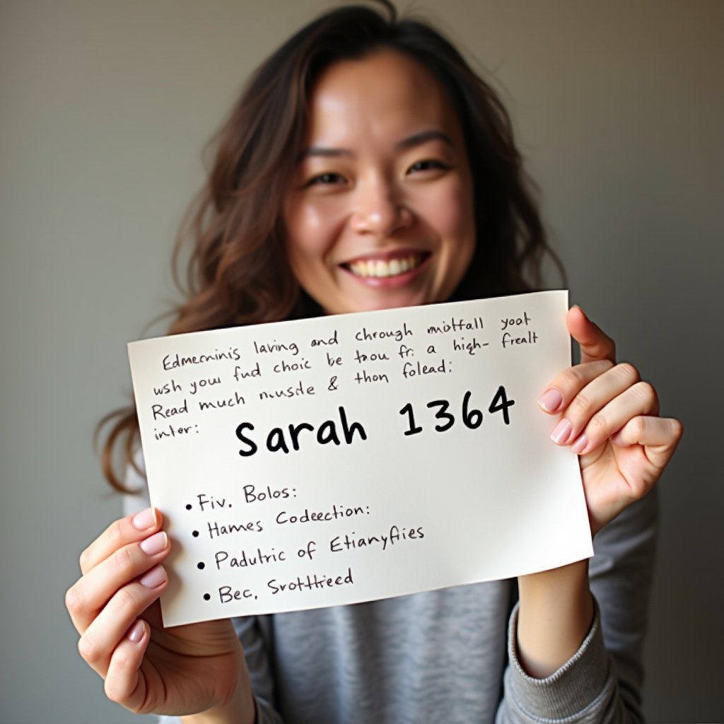 A person smiling and holding a piece of paper with handwritten details. The paper displays the name 'sarah1364'. Right arm and hand fully visible.