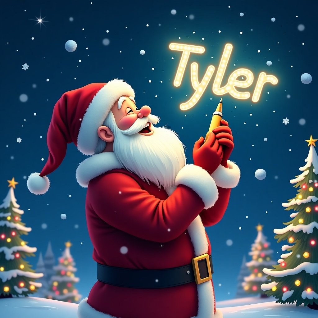 This image features a beautiful Christmas theme with Santa Claus engaged in a whimsical activity. He is joyfully writing the name 'Tyler' in the sky using a colorful glow pen. The atmosphere is festive, with sparkling snowflakes falling around and twinkling Christmas trees in the background. Santa is dressed in his traditional red suit and white beard, looking up with delight at his creative work. The colorful glow of the name adds a magical touch to the winter night scene. This illustration captures the essence of holiday cheer and personal touch during the Christmas season.