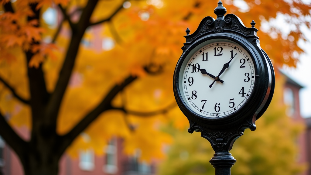 A vintage street clock stands against a backdrop of vibrant fall foliage in a city setting.