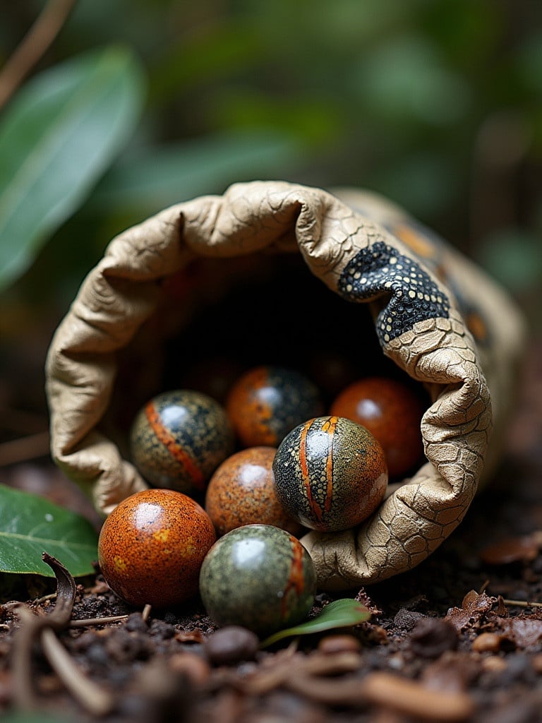 Round marbles made of African Bush Viper Snake skin with exotic wood inlays spill from a worn sack. The setting resembles a forest floor in the Amazon jungle.