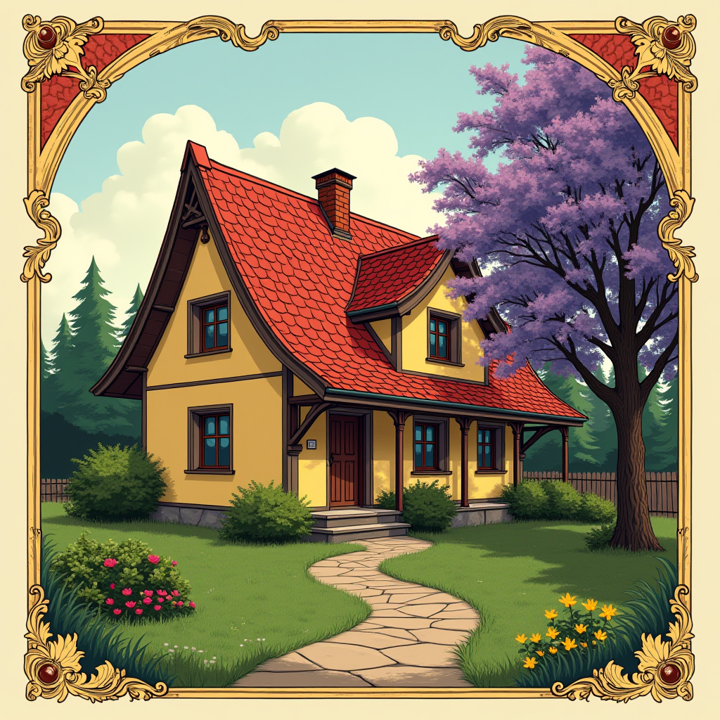 This image depicts a quaint, fairytale-like cottage surrounded by lush greenery and colorful flowers. The house is painted a cheerful yellow with a vibrant red roof, featuring a charming triangular attic window. The architecture is reminiscent of fairy tale illustrations, with sloping roof lines and wooden beams adding to its whimsical appearance.

A winding stone path leads to the wooden front door, inviting visitors into the cozy home. A majestic tree with purple leaves stands to one side, providing a splash of color against the soft blue sky. The border of the image is adorned with ornate golden designs, enhancing its storybook aesthetic.