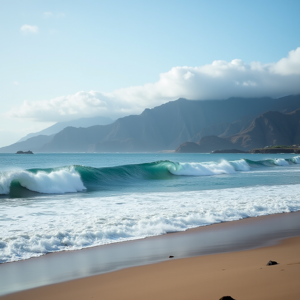 Waves gracefully roll towards a sandy beach, set against a backdrop of towering cliffs under a sky filled with soft clouds.