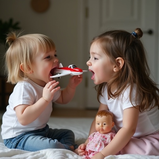 A young child holds a toy plane while a girl imagines being a giant. The scene captures playful moments between mother and children. The children are sitting on a soft surface engaging in pretend play with a doll involved.