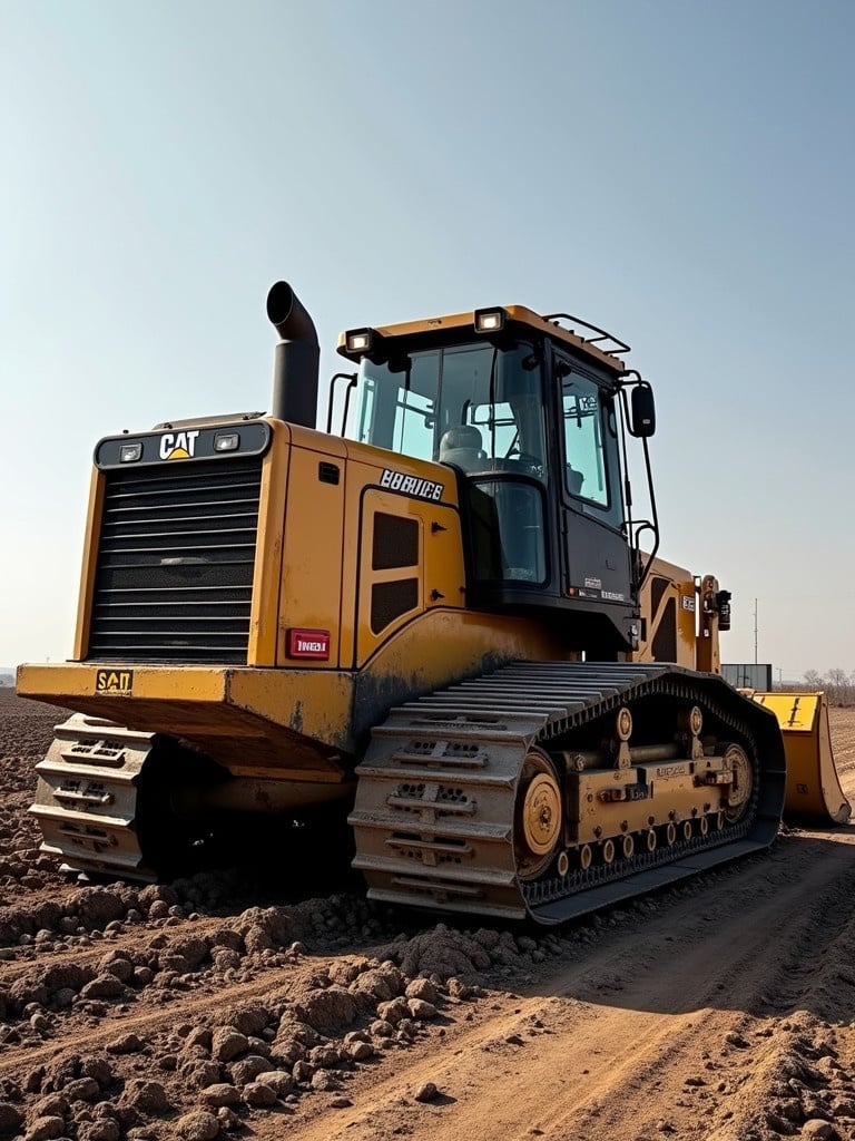 A yellow Caterpillar bulldozer sits on a dirt road. The machine is parked on farmland with a clear sky above. Details of its tracks and blades are visible. Sunlight highlights its structure. The background shows empty fields.