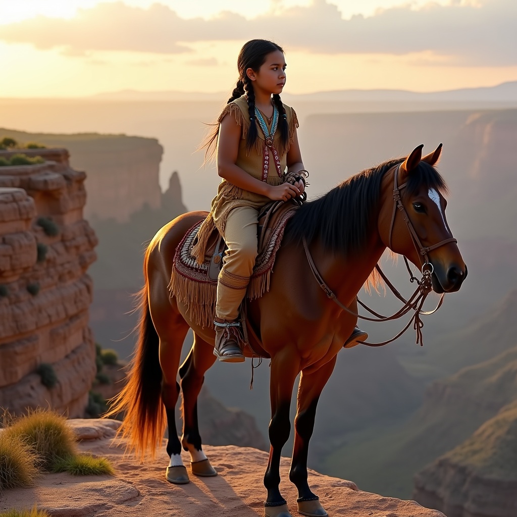 A Cherokee boy with long hair wears buckskin leggings. He is sitting on a horse on a cliff edge during sunset.
