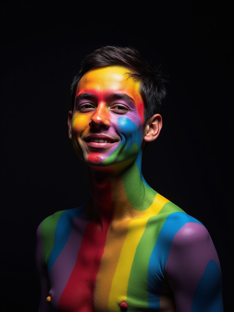 A person is covered in vivid rainbow-colored body paint against a dark background