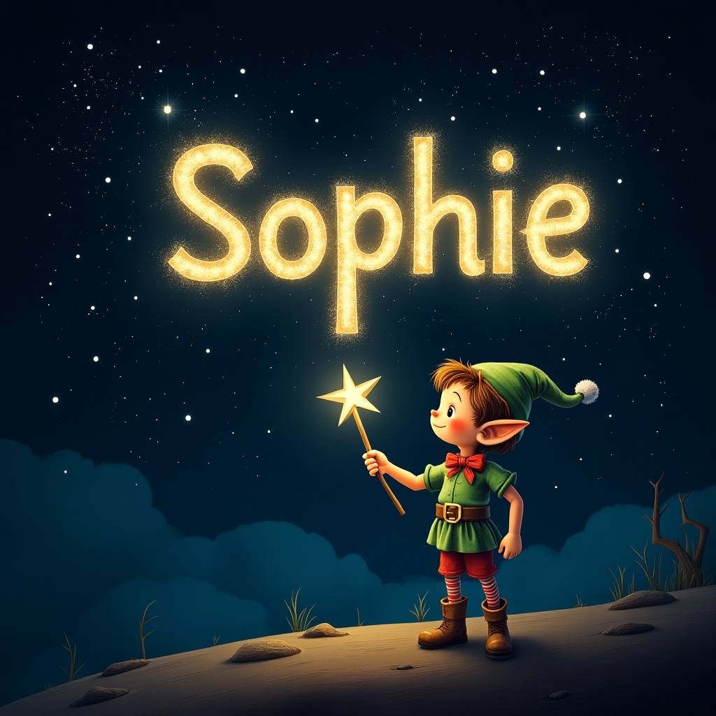 An elf uses a magical wand to write the name 'Sophie' in sparkling text. A dark starry sky serves as the background. The name has a glowing effect. The scene is magical and whimsical, suggesting a fantasy world.