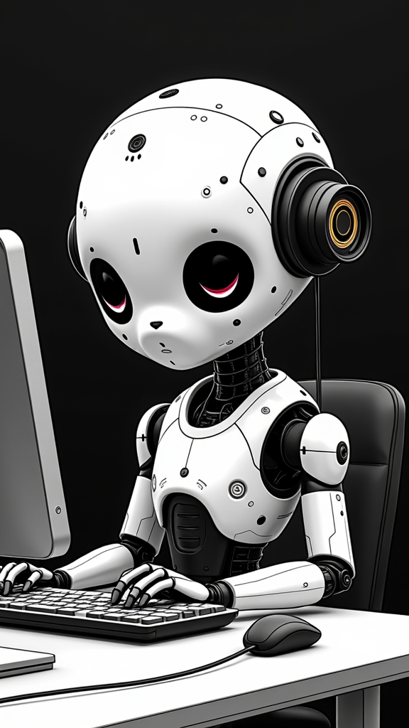 A cute robot with headphones is using a computer at a desk.