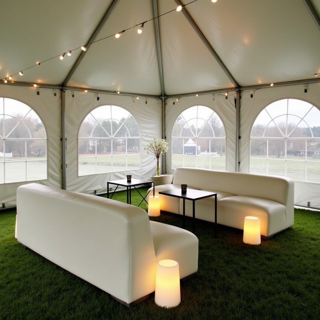 White tent interior featuring soft seating and cocktail tables. Tent has large windows and ambient lighting. Grass flooring enhances outdoor feel.