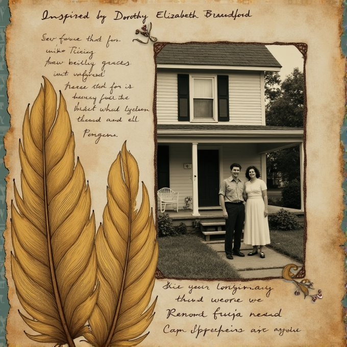 A vintage-style photo of a couple in front of an old house, surrounded by decorative leaves and handwritten text.