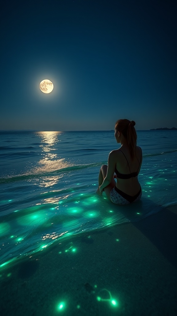 A person sitting by a glowing bioluminescent shore under a full moon.