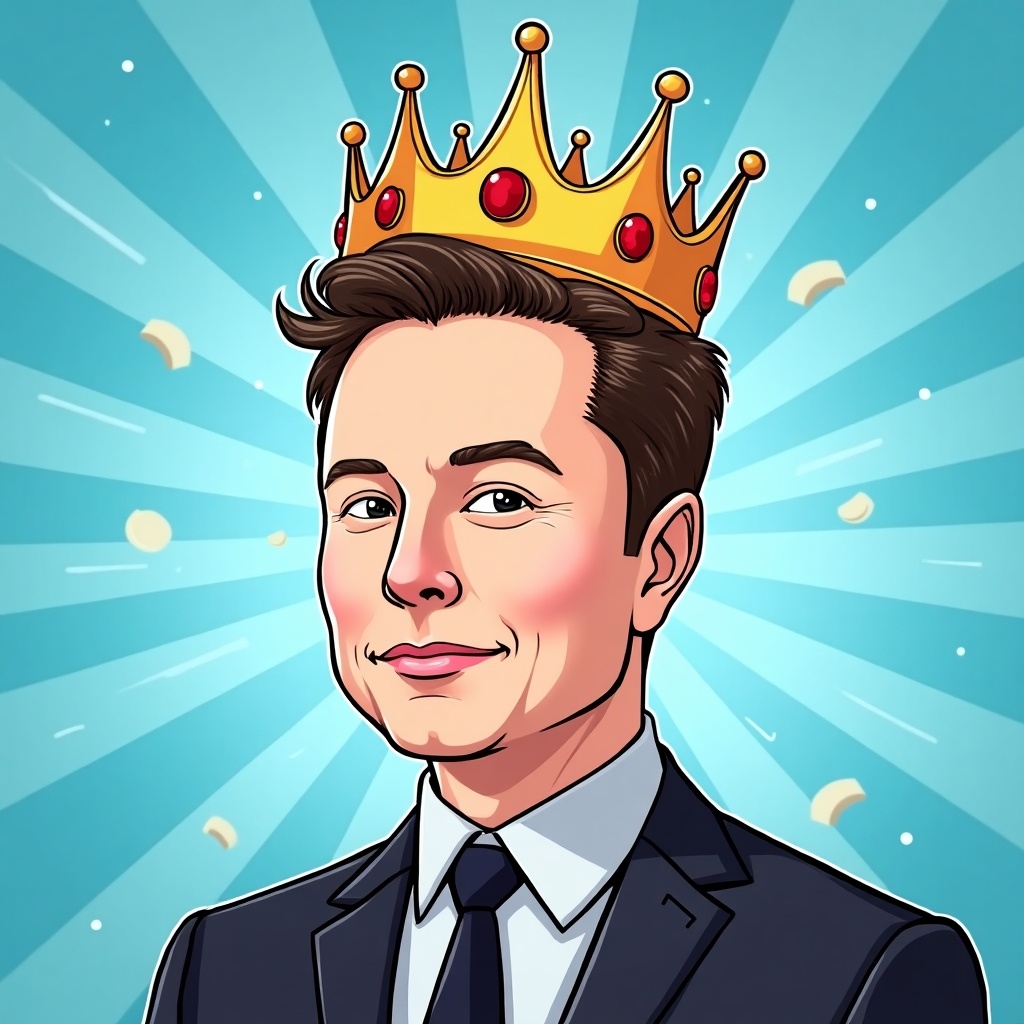 Cartoon style image depicting a character wearing a crown. Bright blue background with playful elements. Reminiscent of meme coins.