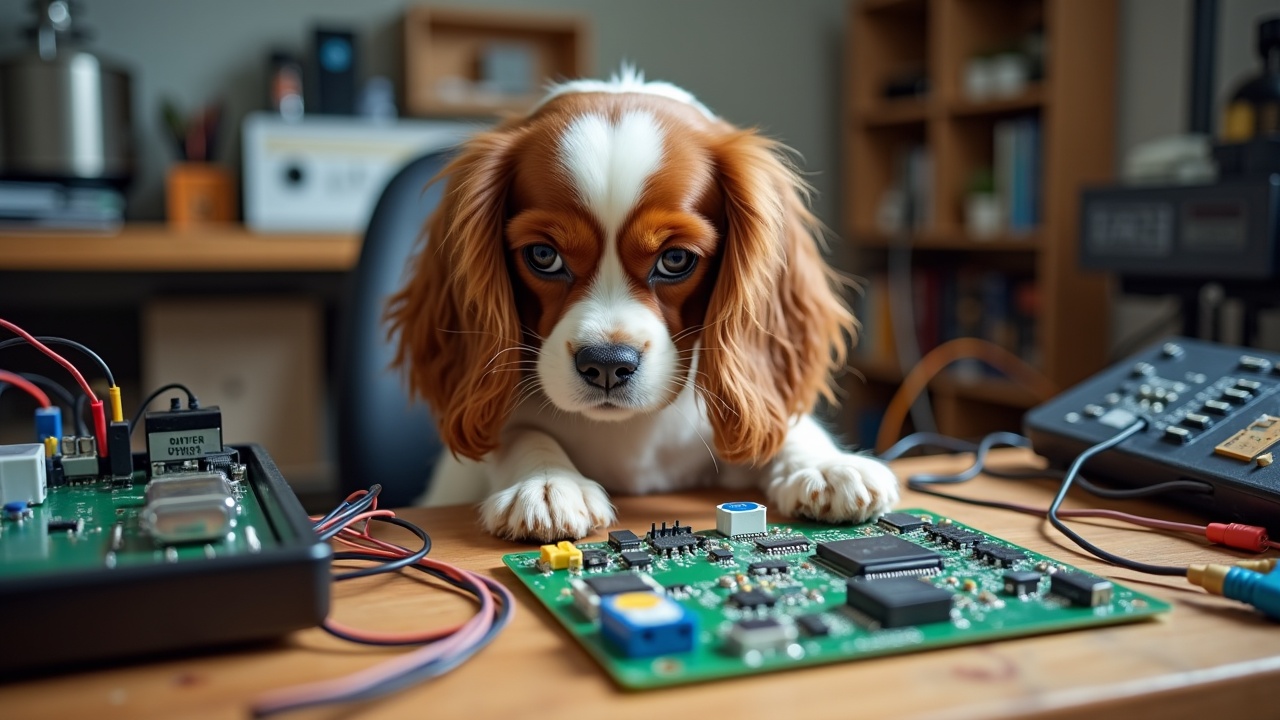 A devoted Cavalier King Charles Spaniel is focused intently on a DIY electronics project. The dog, with its expressive eyes and fluffy coat, is perched on a desk surrounded by various wires and circuit boards. Nearby, you can see an assortment of electronic and scientific instruments, showcasing a blend of pet curiosity and technology. This scene captures the intersection of a pet's playful nature and a human hobby. The lighting softly accentuates the dog's features while illuminating the electronic components on the desk.