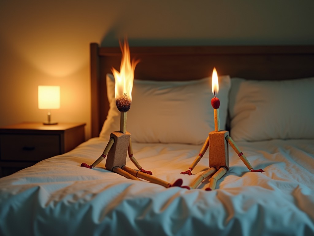 The image depicts two anthropomorphic matchstick figures sitting on a bed in a dimly lit room. Each figure has a burning head, with one aflame brighter than the other. The warm lighting from a bedside lamp casts a soft glow, creating an intimate and surreal atmosphere.