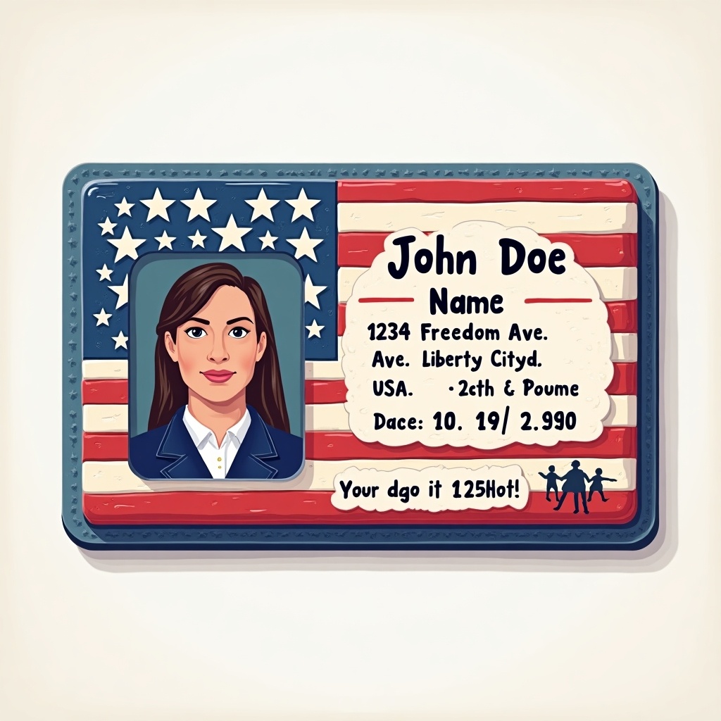 This image showcases a novelty ID card designed with an American flag theme. It features fictional details, including a name and address, set on a textured background resembling a real ID. The photo section displays a figure with a neutral expression, dressed in a blazer. The layout is playful and colorful, appealing to various festive occasions. The ID card can be used as a fun accessory or a prop for themed events.