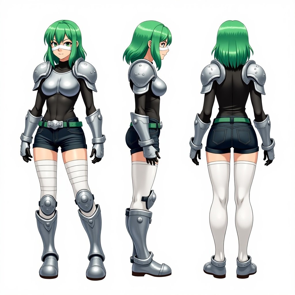 Anime mercenary tomboy with green hair styled in curtain bangs. Character wearing white bandaged face mask, metal silver shoulder pads, and chestplate over black shirt. Outfitted in black short jeans with green belt and large silver buckle. Equipped with metal gauntlets and knee pads. White tights covering entire legs. Presented in front, side, and back views.