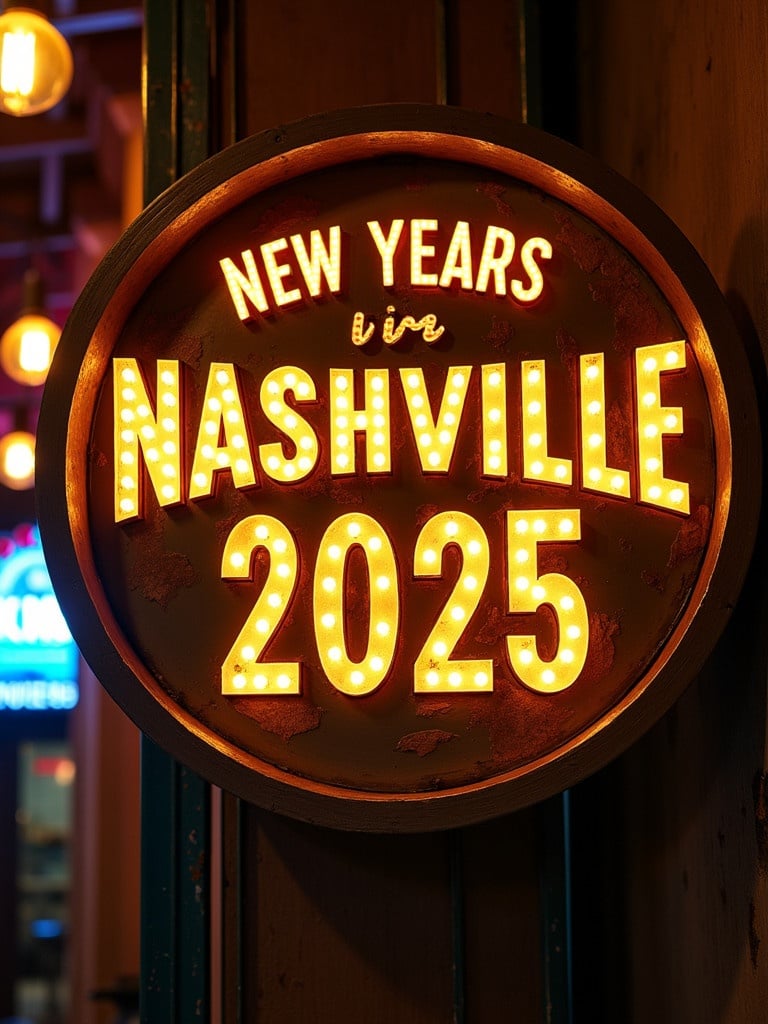 Image shows a rustic round sign with 'New Years in Nashville 2025'. The letters styled with lightbulbs. Background features metal and wood textures. Nashville themed with lights and neon signs.