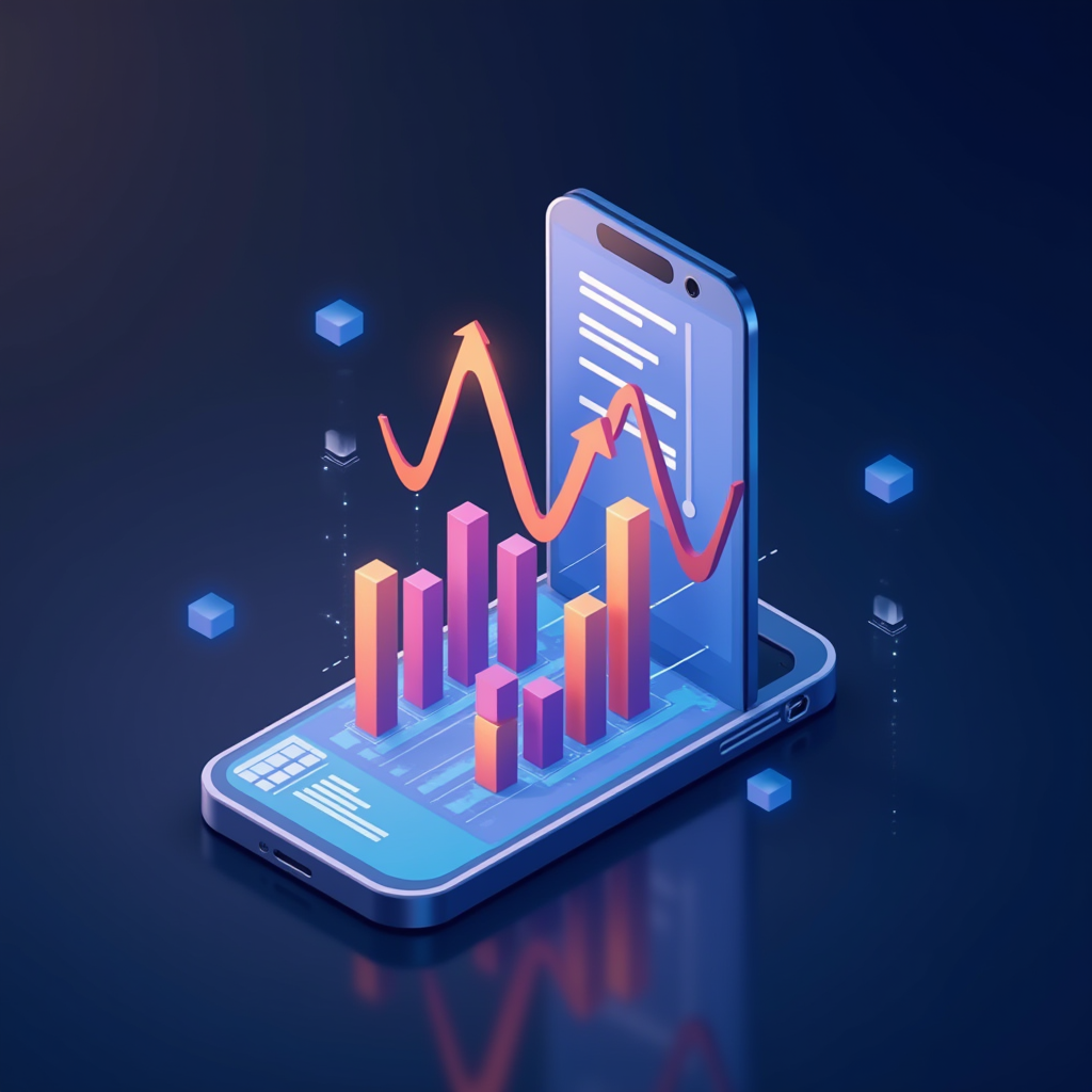 A stylized smartphone displaying a 3D financial graph with bars and an upward trend line.